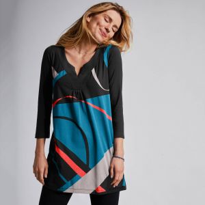 Tunique Col V Manches 3/4, Imprim&eacute; Graphique - Blancheporte - Couleur Tunique - Taille 42/44