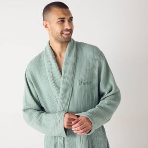 Peignoir col ch&acirc;le mixte triple gaze de coton Colombine&reg;, personnalisable - 34/36 - Vert - Colombine - Couleur Peignoir - Taille 34/36