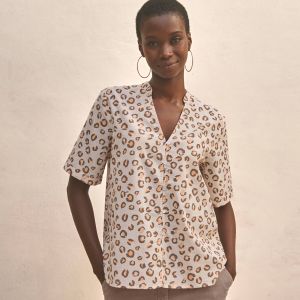 Chemisier Imprim&eacute; L&eacute;opard Col Tunisien, Manches Courtes - Blancheporte - Couleur Chemisier - Taille 38