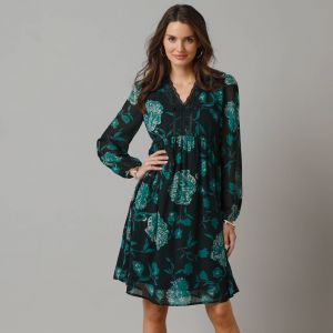 Robe &eacute;vas&eacute;e en voile fleuri, col V en dentelle - 54 - Noir - Lora Zellini - Couleur Robe courte - Taille 54