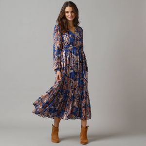 Robe longue en voile, imprim&eacute; fleurs indiennes - 42 - Bleu - Lora Zellini - Couleur Robe longue - Taille 42