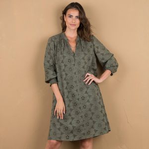 Robe housse évasée, broderie anglaise - 40 - Kaki - Lora Zellini - Couleur Kaki - Taille 40