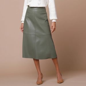 Jupe Évasée Mi Longue, Aspect Enduit - Blancheporte - Couleur Kaki - Taille 44