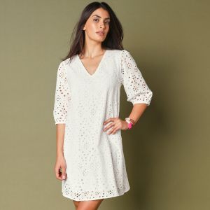 Robe broderie anglaise manches 3/4 - 50 - Blanc - Lora Zellini - Couleur Blanc - Taille 50