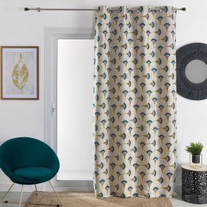 Rideau Jacquard Imprimé Plumes De Paon - Blancheporte - Couleur Jaune - Taille Rideau : largeur 140 x hauteur 260cm