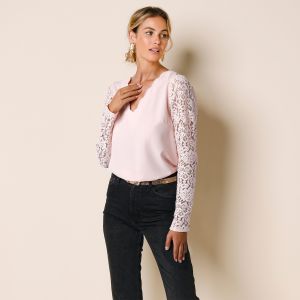 Blouse D&eacute;collet&eacute; Festonn&eacute; Dos, Manches Dentelle - Blancheporte - Couleur Blouse - Taille 36