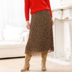 Jupe Longue Plissée, Voile Imprimé Léopard - Blancheporte - Couleur Taupe - Taille 42/44
