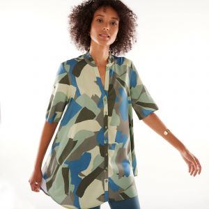 Tunique Col Tunisien Boutonn&eacute;e, Imprim&eacute; Graphique - Blancheporte - Couleur Tunique - Taille 40