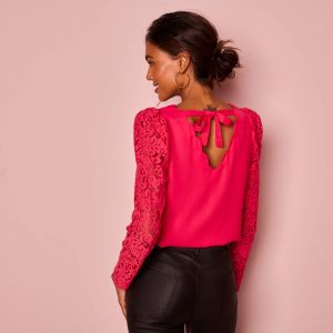 Blouse D&eacute;collet&eacute; Festonn&eacute; Dos, Manches Dentelle - Blancheporte - Couleur Blouse - Taille 40