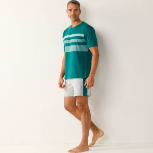 Pyjama Short Coton Rayures Plac&eacute;es Col Rond - Blancheporte - Couleur Pyjama - Taille L