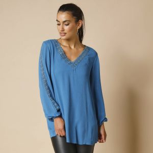 Tunique Col V Macram&eacute;, Manches Longues, Cr&eacute;pon - Blancheporte - Couleur Tunique - Taille Taille Unique