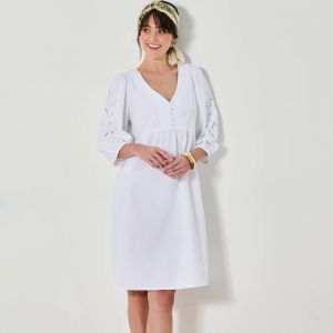Robe Courte Évasée, Détails Broderie Anglaise - Blancheporte - Couleur Blanc - Taille 36