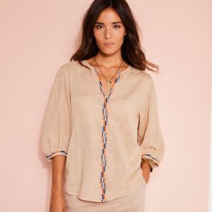 Blouse Brod&eacute;e En Coton Unie, Manches 3/4 - Blancheporte - Couleur Blouse - Taille 44