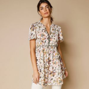 Tunique Col Tunisien Brod&eacute;, Imprim&eacute; Fleuri - Blancheporte - Couleur Tunique - Taille 36