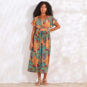 Robe volantée cache-coeur imprimée, crépon - 54 - Jaune - Lora Zellini - Couleur Jaune - Taille 54