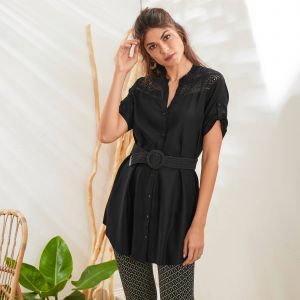 Tunique Boutonn&eacute;e Macram&eacute; Unie - Blancheporte - Couleur Tunique - Taille 46