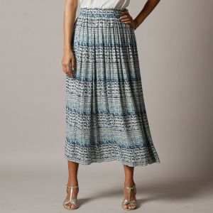 Jupe imprim&eacute;e en cr&eacute;pon, taille &eacute;lastiqu&eacute;e  - 46/48 - Bleu - Lora Zellini - Couleur Jupe longue - Taille 46/48