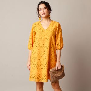 Robe broderie anglaise manches 3/4 - 42 - Jaune - Lora Zellini - Couleur Robe courte - Taille 42