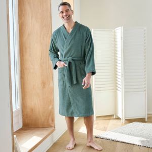 Peignoir mixte adulte col kimono &eacute;ponge bouclette  - 54/56 - Vert - Colombine - Couleur Peignoir - Taille 54/56