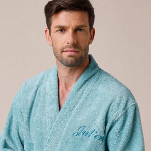 Peignoir mixte adulte uni coton &eacute;ponge bouclette col kimono personnalis&eacute; - 46/48 - Vert - Colombine - Couleur Peignoir - Taille 46/48