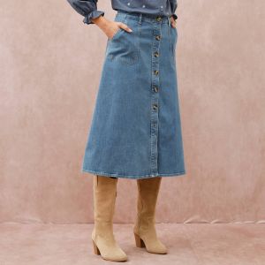 Jupe Longue &Eacute;vas&eacute;e Boutonn&eacute;e Devant, Denim Stretch - Blancheporte - Couleur Jupe longue - Taille 54
