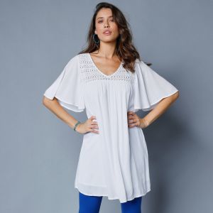 Tunique Longue, Col V Macramé - Blancheporte - Couleur Blanc - Taille 56