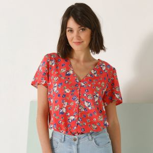 Chemisier Manches Courtes Imprimé Fleuri, Plumetis - Blancheporte - Couleur Rouge - Taille 46