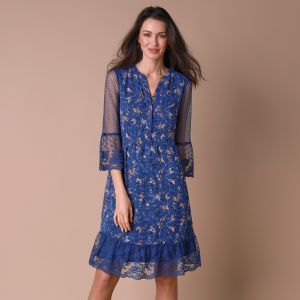 Robe dentelle manches 3/4 imprim&eacute;e - 44 - Bleu - Lora Zellini - Couleur Robe courte - Taille 44