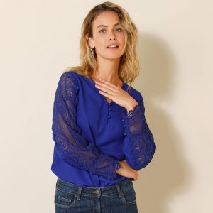 Blouse Macramé Col V Manches Longues, Crêpe Fluide - Blancheporte - Couleur Bleu - Taille 36