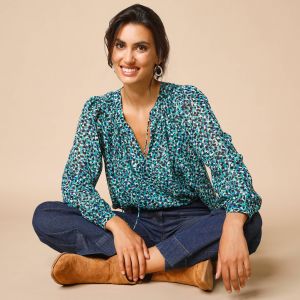 Blouse Col Tunisien Imprim&eacute; Animalier, Manches Longues - Lora Zellini - Couleur Blouse - Taille Taille Unique