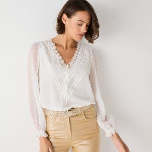 Chemisier Voile Plumetis, Détails Macramé - Blancheporte - Couleur Écru - Taille 52