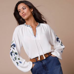 Blouse brod&eacute;e, col rond - 44 - &Eacute;cru - Lora Zellini - Couleur Blouse - Taille 44