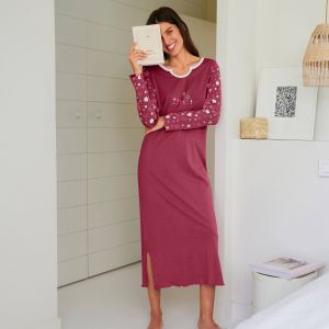 Chemise De Nuit Imprimée Fleurs - Manches Longues - Blancheporte - Couleur Rouge - Taille 50