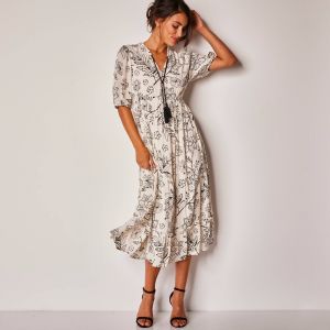 Robe longue volant&eacute;e imprim&eacute;e - 54 - &Eacute;cru - Lora Zellini - Couleur Robe longue - Taille 54