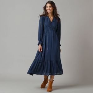 Robe longue boh&egrave;me, cr&eacute;pon et fils brillants - 52 - Bleu - Lora Zellini - Couleur Robe longue - Taille 52