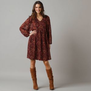 Robe courte manches amples, voile imprim&eacute; - 40 - Rouge - Lora Zellini - Couleur Robe courte - Taille 40