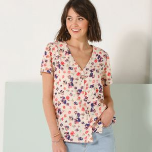 Chemisier Manches Courtes Imprimé Fleuri, Plumetis - Blancheporte - Couleur Beige - Taille 52