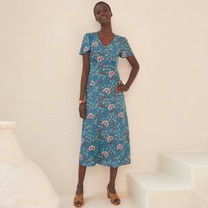 Robe Longue Col V Imprim&eacute;e, Manches Papillon - Blancheporte - Couleur Robe longue - Taille 48