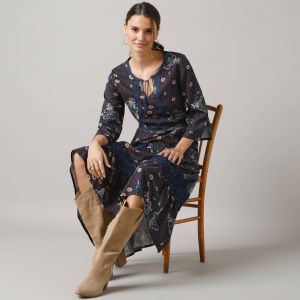 Robe Longue Imprim&eacute;e, Manches 3/4, D&eacute;tails Macram&eacute; - Blancheporte - Couleur Robe longue - Taille 40