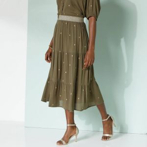 Jupe Courte Volant&eacute;e Imprim&eacute; Dor&eacute;, Cr&eacute;pon - Blancheporte - Couleur Jupe mi-longue - Taille 52