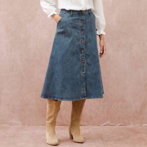 Jupe Longue &Eacute;vas&eacute;e Boutonn&eacute;e Devant, Denim Stretch - Blancheporte - Couleur Jupe longue - Taille 44