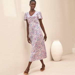 Robe Longue Col V Imprim&eacute;e, Manches Papillon - Blancheporte - Couleur Robe longue - Taille 54