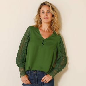 Blouse Macram&eacute; Col V Manches Longues, Cr&ecirc;pe Fluide - Blancheporte - Couleur Blouse - Taille 48