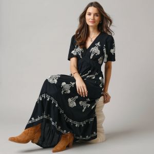 Robe longue boh&egrave;me, imprim&eacute; effet broderie - 36 - Noir - Lora Zellini - Couleur Robe longue - Taille 36