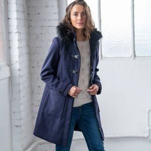 Duffle-coat Capuche Fausse Fourrure Uni - Blancheporte - Couleur Bleu - Taille 54