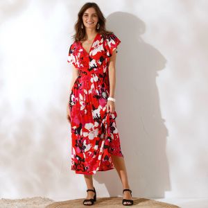 Robe Cache-coeur Imprimée, Crépon - Coeur au Sud - Couleur Rouge - Taille Taille Unique