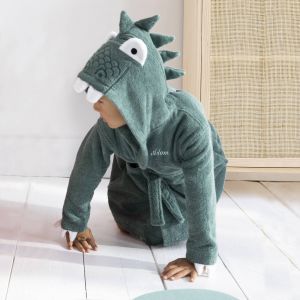Peignoir de bain enfant &agrave; capuche dinosaure personnalisable - 340g/m&sup2; - 6/8 Ans - Vert - Colombine Des Petits - Couleur Peignoir - Taille 6/8 ans