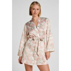 Hunkem&ouml;ller Kimono Satin&eacute; &agrave; Imprim&eacute; Floral Blanc - Taille XL/XXL