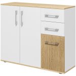 HOMCOM Buffet, meuble de rangement avec 3 portes, 2 tiroirs et étagère réglable, 90 x 30 x 75,5 cm, blanc et bois naturel
