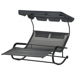 Outsunny Chaise longue double avec toit solaire appui-t&ecirc;tes bain de soleil &agrave; bascule ergonomique 2 roues 200 x 139 x 140 cm noir